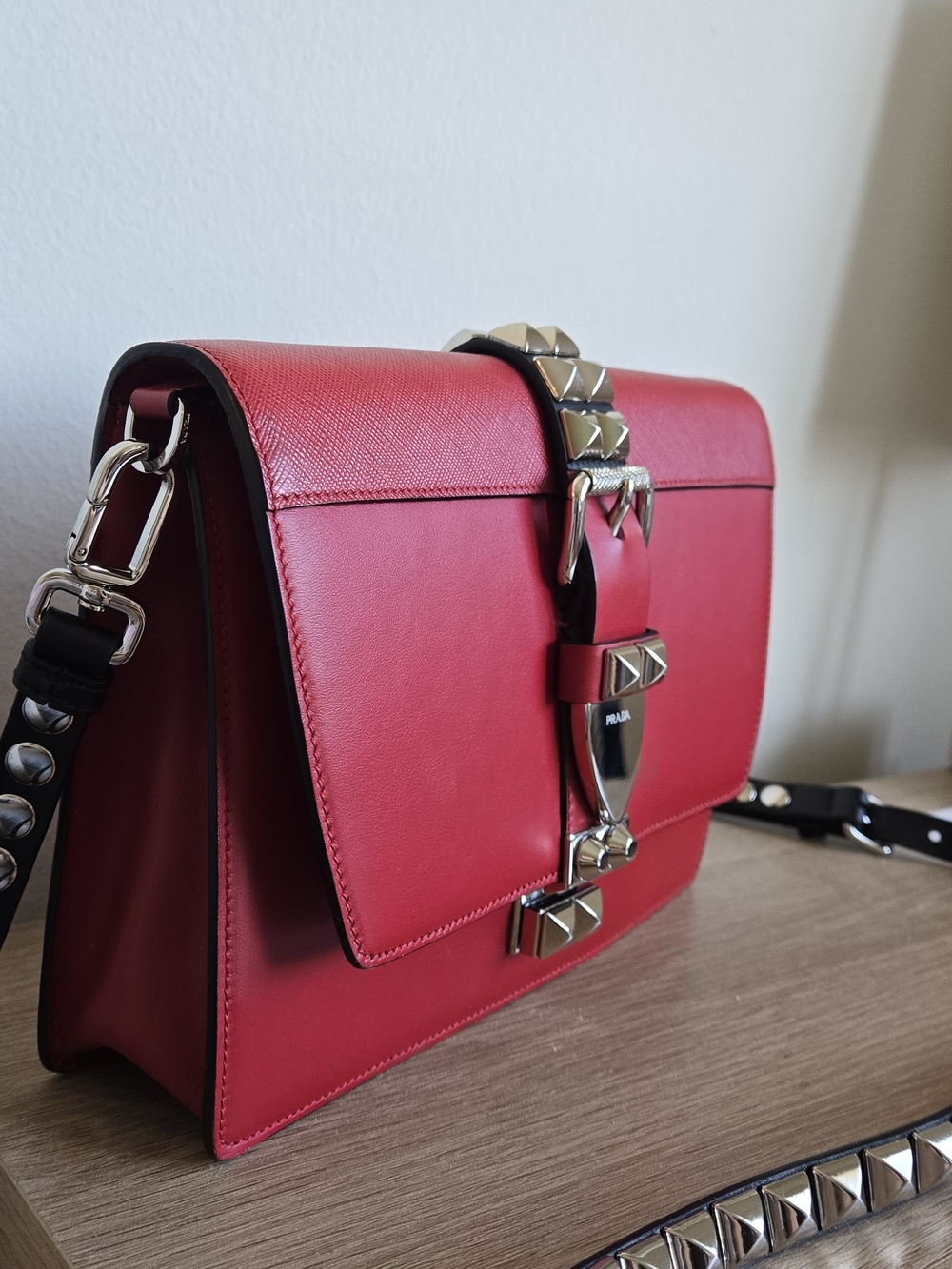 Prada Elektra Red/black Color City Calf+Saffiano Leather Crossbody Bag - Picture 3 of 9